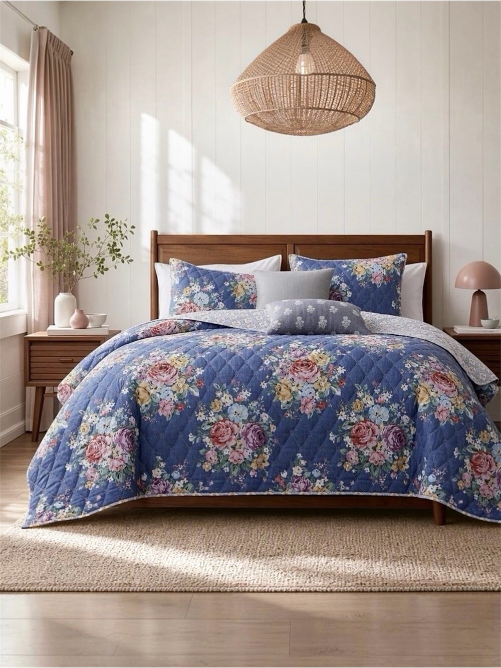 NEW Anthropologie Colorful Blue Vintage Floral Quilt Coverlet Bedding & Sham Set